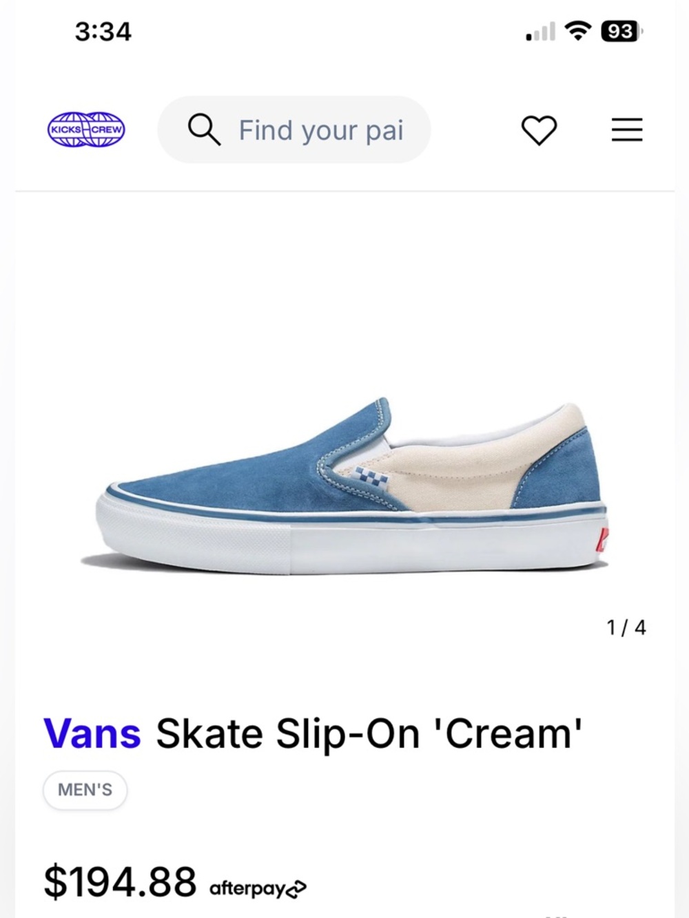 Vans Slip-On Suede & Canvas in Blue and Cream skateboarding shoes 7.5